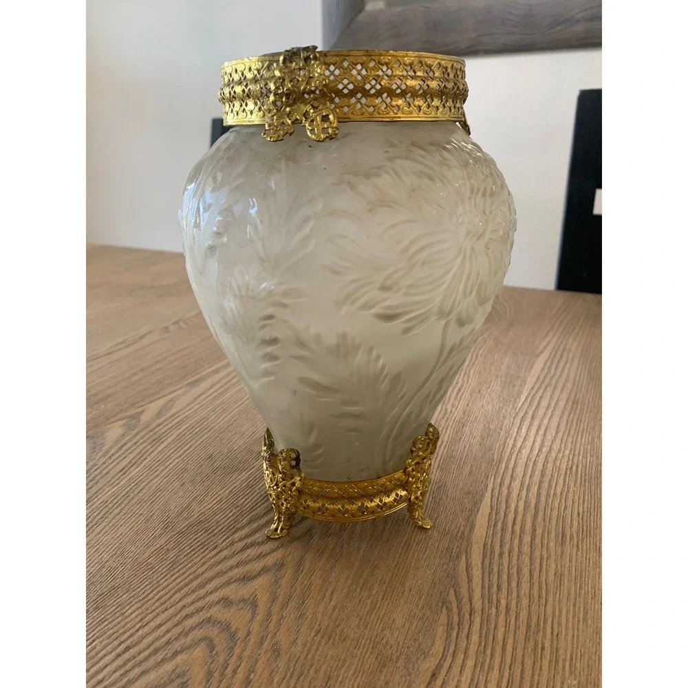 Vintage Art Nouveau Frosted Glass Floral Vase Ornate Brass Filigree Footed Base